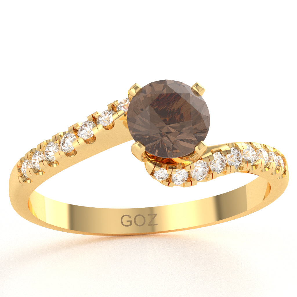 Smoky Quartz Diamond Curly Dainty Engagement Ring In 14k Yellow Gold