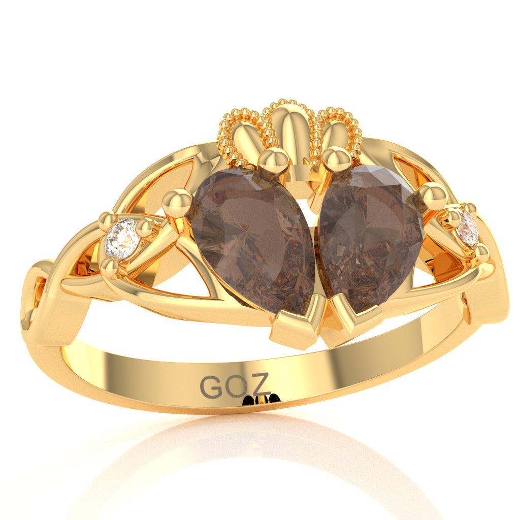 Smoky Quartz Diamond Celtic Knot Heart Claddagh Ring In 14k Yellow Gold