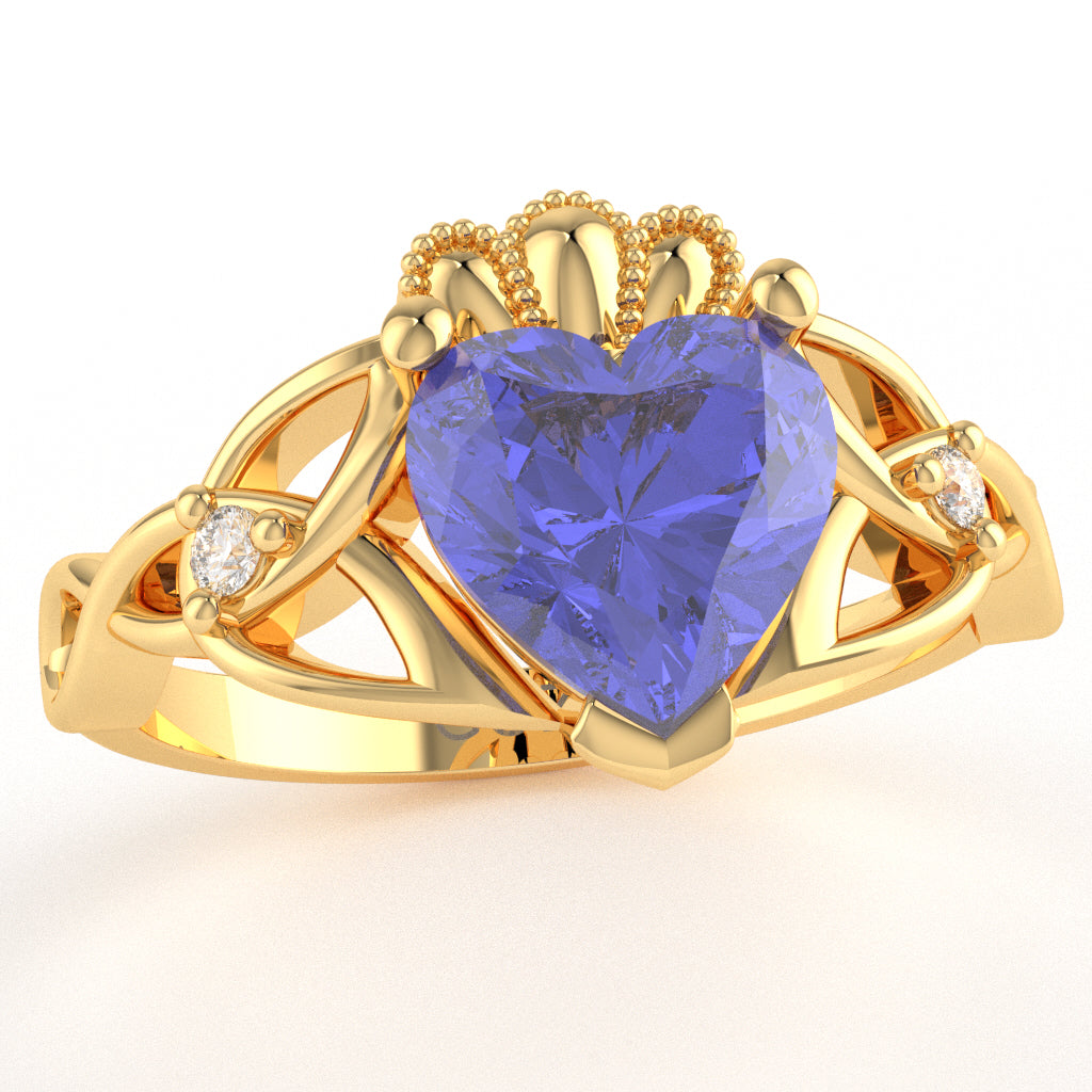 Celtic Trinity Knot Claddagh Heart Tanzanite Diamond Ring In 10k Yellow Gold