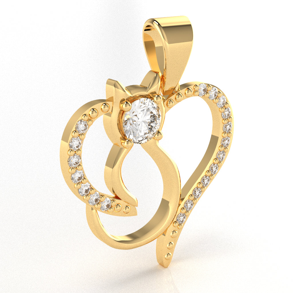 White Topaz Diamond Cat Love Heart Pendant In 10k Yellow Gold