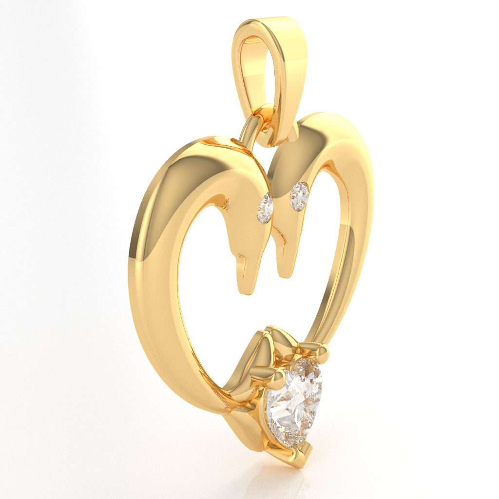 White Topaz Diamond 2 Dolphins Heart Love Pendant In 14k Yellow Gold
