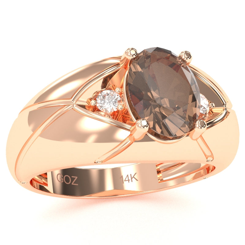 Men's Designer Smoky Quartz Diamond Ring In Solid 14k Rose Gold