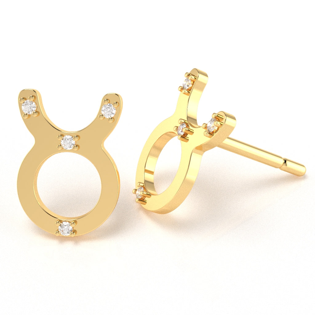 Taurus Zodiac Sign Diamond Stud Earrings In Solid 14k Yellow Gold