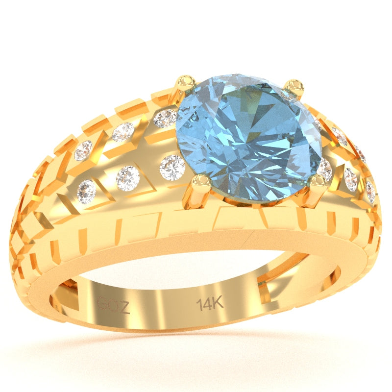 Men's Tire Tread Blue Topaz Diamond Ring In Solid 14k Yellow Gold