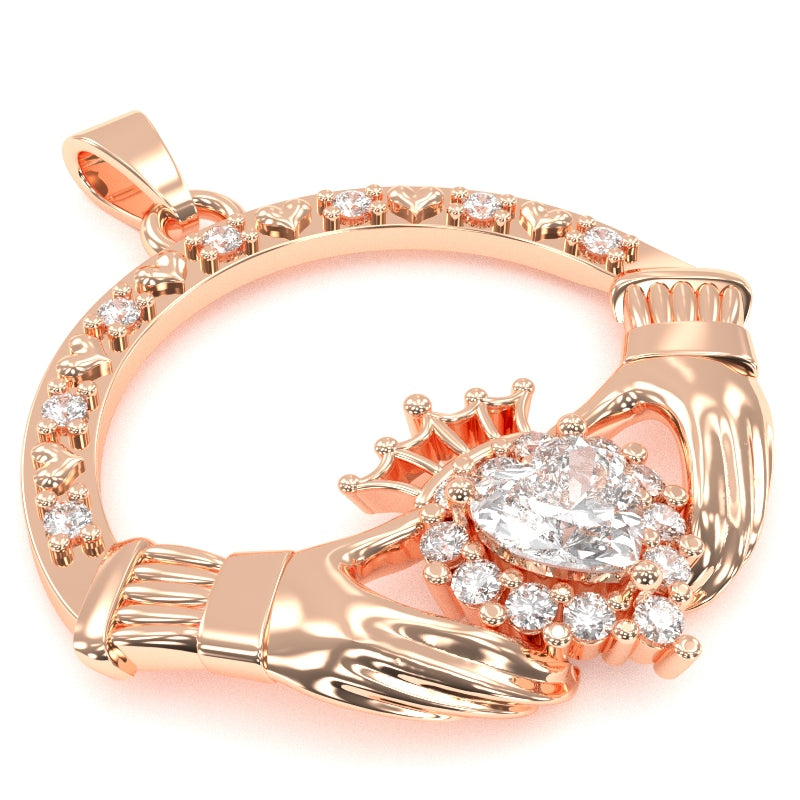 White Topaz Diamond Claddagh Pendant in 14k Rose Gold