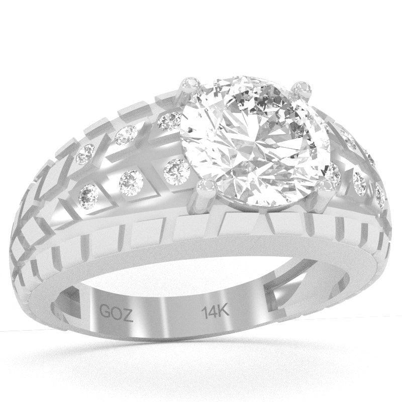 Men's Tire Tread White Topaz Diamond Ring In Solid 14k White Gold