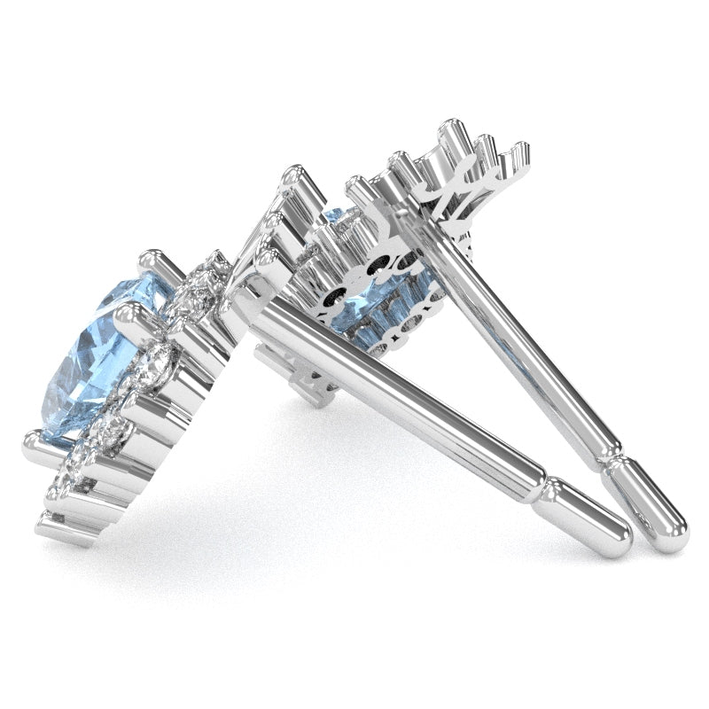 Aquamarine Diamond Claddagh Motive Stud Earrings in 14k White Gold