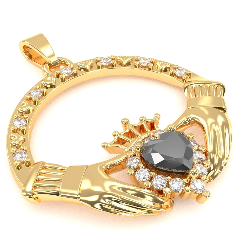 Black Onyx Diamond Claddagh Pendant in 14k Yellow Gold