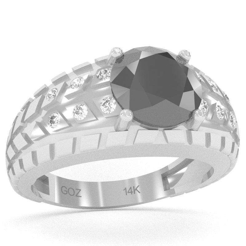 Men's Tire Tread Black Onyx Diamond Ring In Solid 14k White Gold