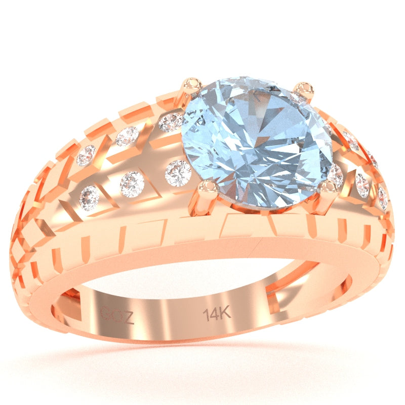 Men's Tire Tread Aquamarine Diamond Ring In Solid 14k Rose Gold