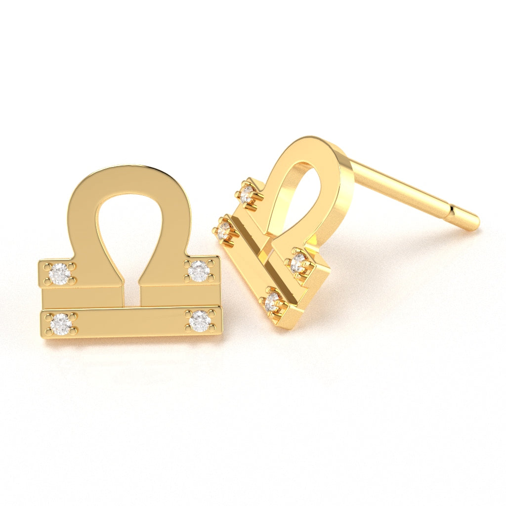Libra Zodiac Sign Diamond Stud Earrings In Solid 14k Yellow Gold