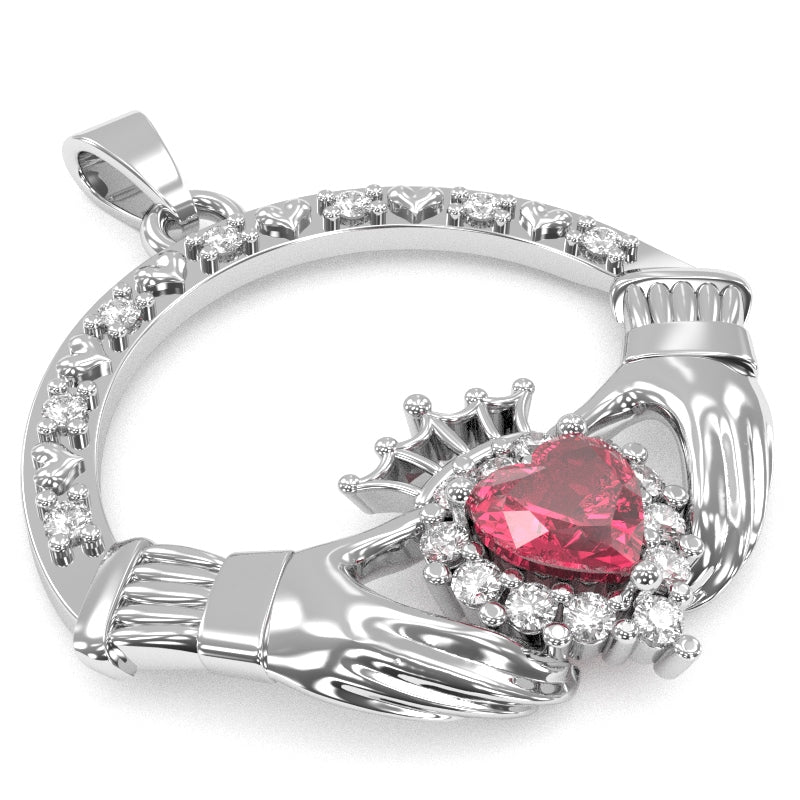 Pink Tourmaline Diamond Claddagh Pendant in 14k White Gold