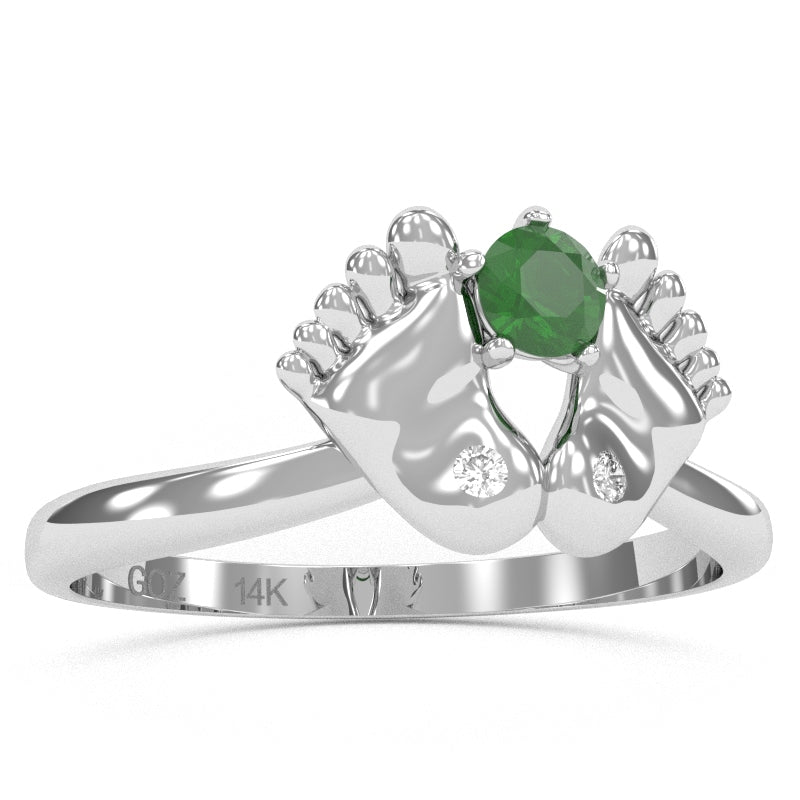 Baby Feet Emerald Diamond Ring In 14k White Gold