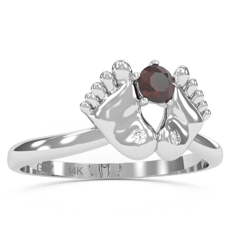 Baby Feet Garnet Diamond Ring In 14k White Gold