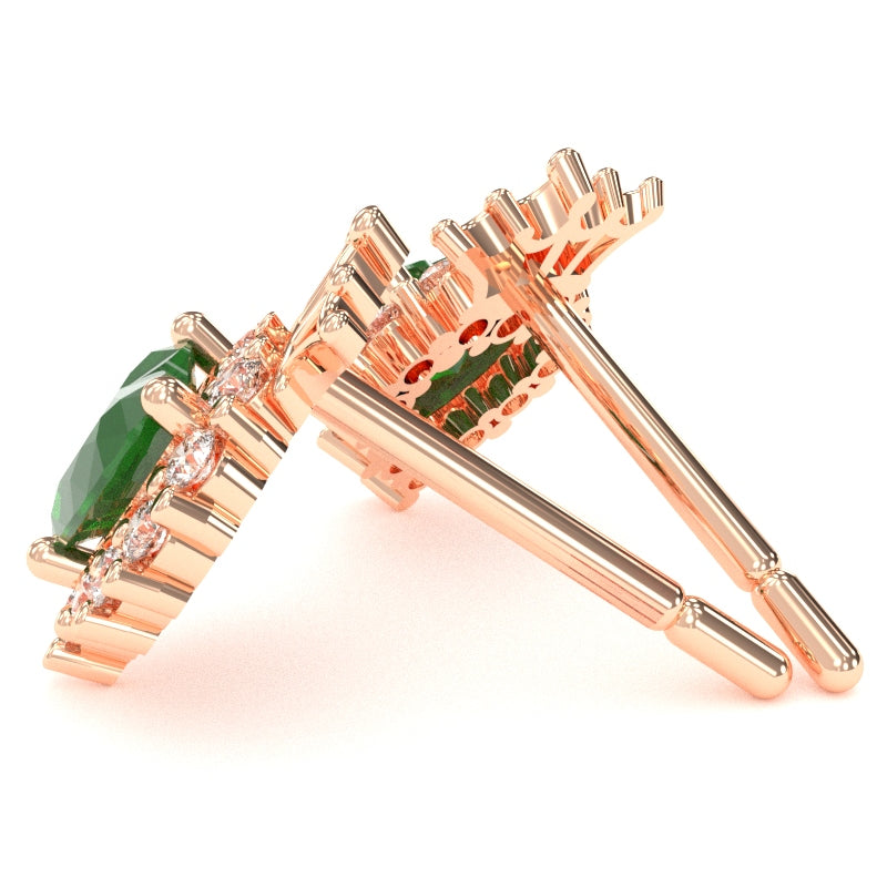 Emerald Diamond Claddagh Motive Stud Earrings in 14k Rose Gold