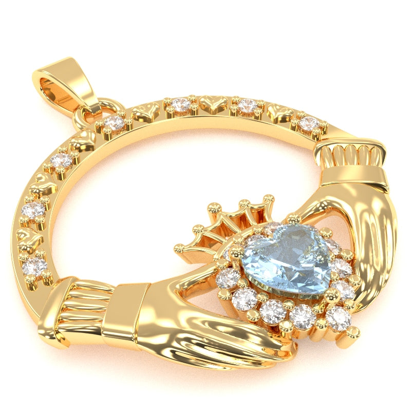 Aquamarine Diamond Claddagh Pendant in 14k Yellow Gold