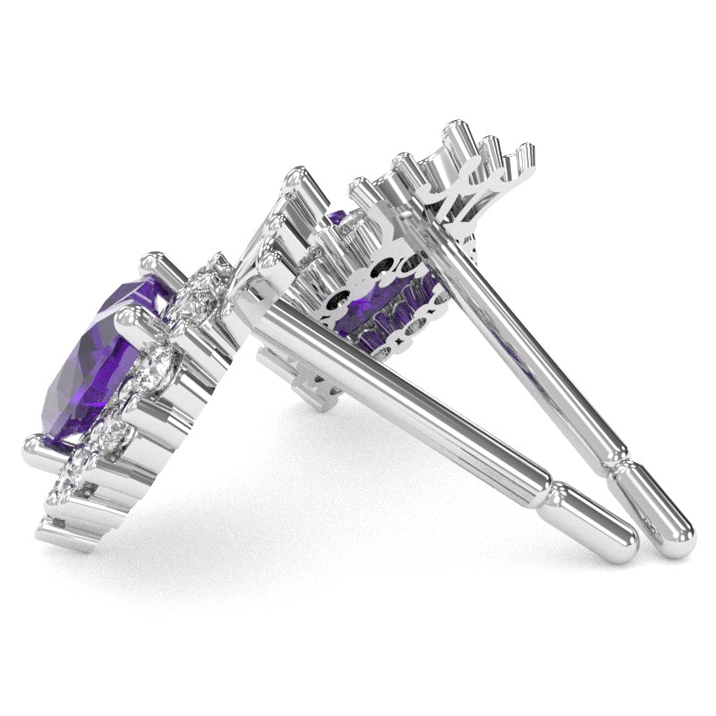 Amethyst Diamond Claddagh Motive Stud Earrings in 14k White Gold