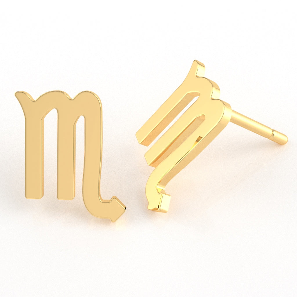 Scorpio Zodiac Sign Stud Earrings In Solid 10K Yellow Gold