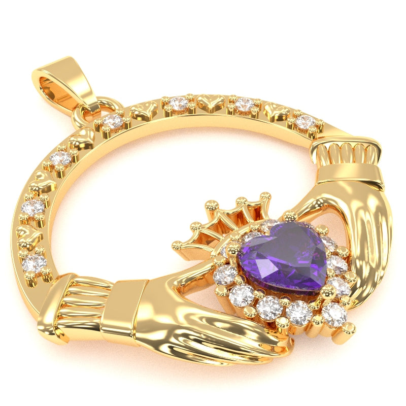 Amethyst Diamond Claddagh Pendant in 14k Yellow Gold