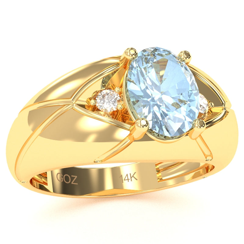Men's Designer Aquamarine Diamond Ring In Solid 14k Yellow Gold