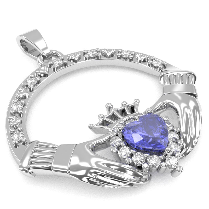 Tanzanite Diamond Claddagh Pendant in 14k White Gold