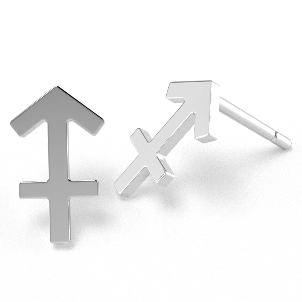 Sagittarius Zodiac Sign Stud Earrings In Solid 14K White Gold