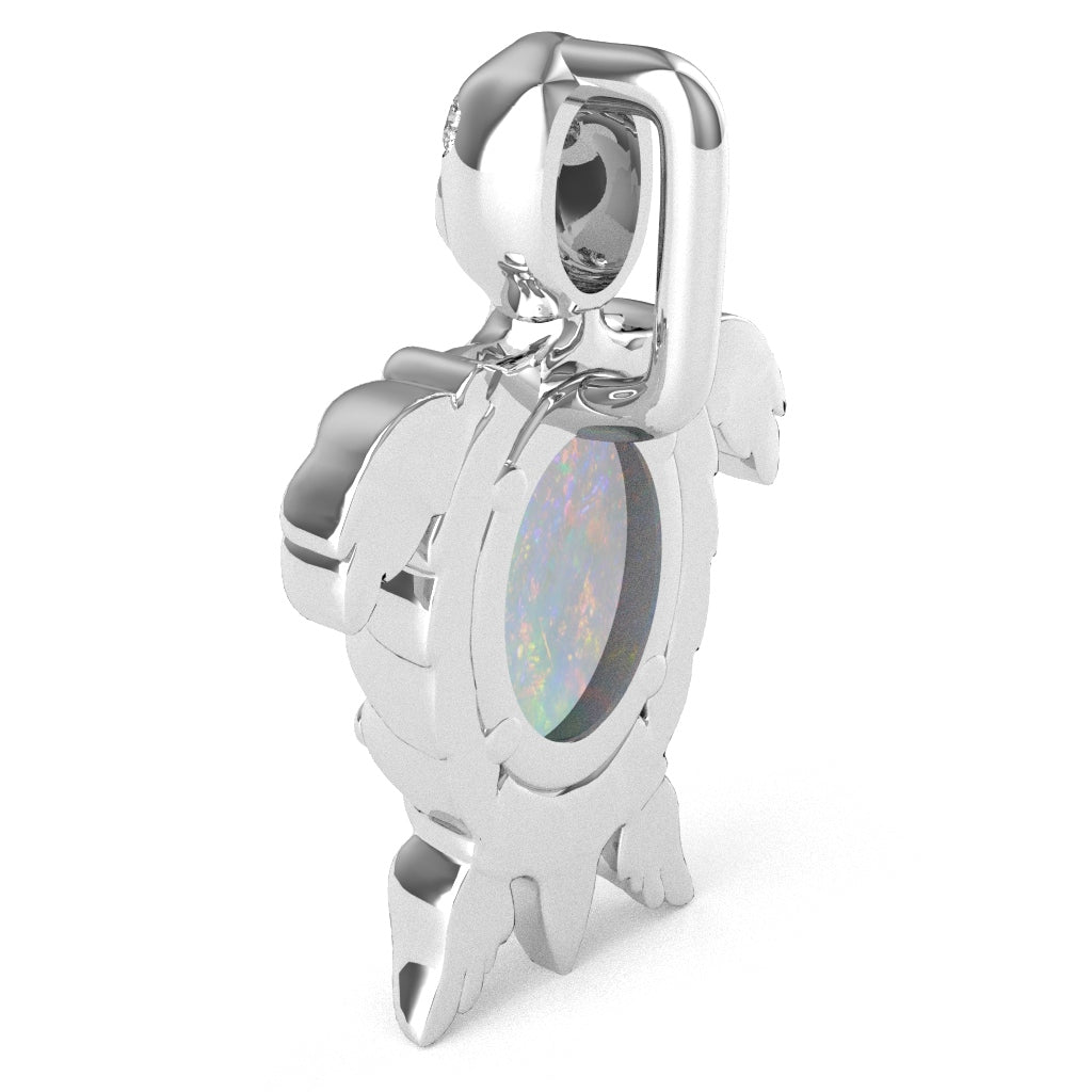 Opal Diamond Sea Turtle Pendant In 14k White Gold