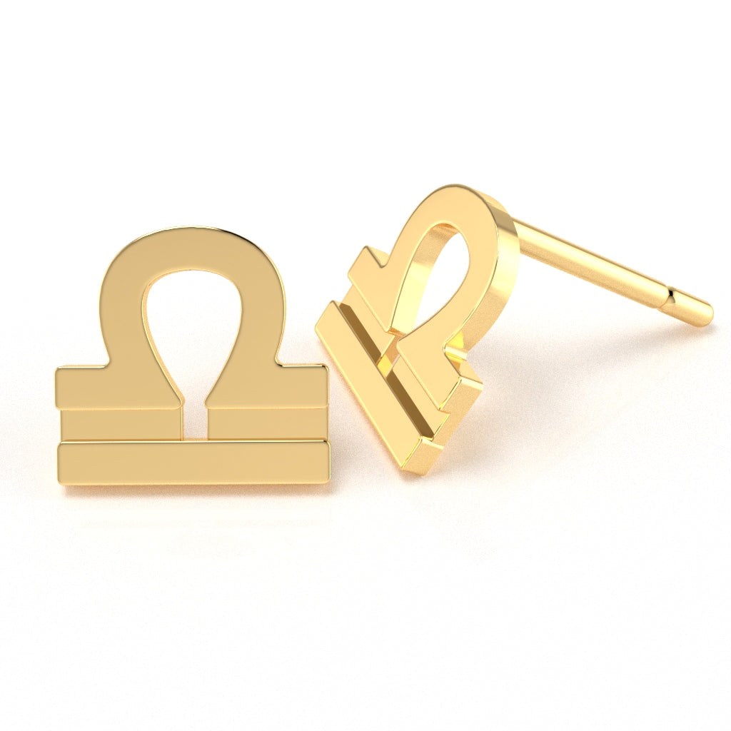 Libra Zodiac Sign Stud Earrings In Solid 14K Yellow Gold