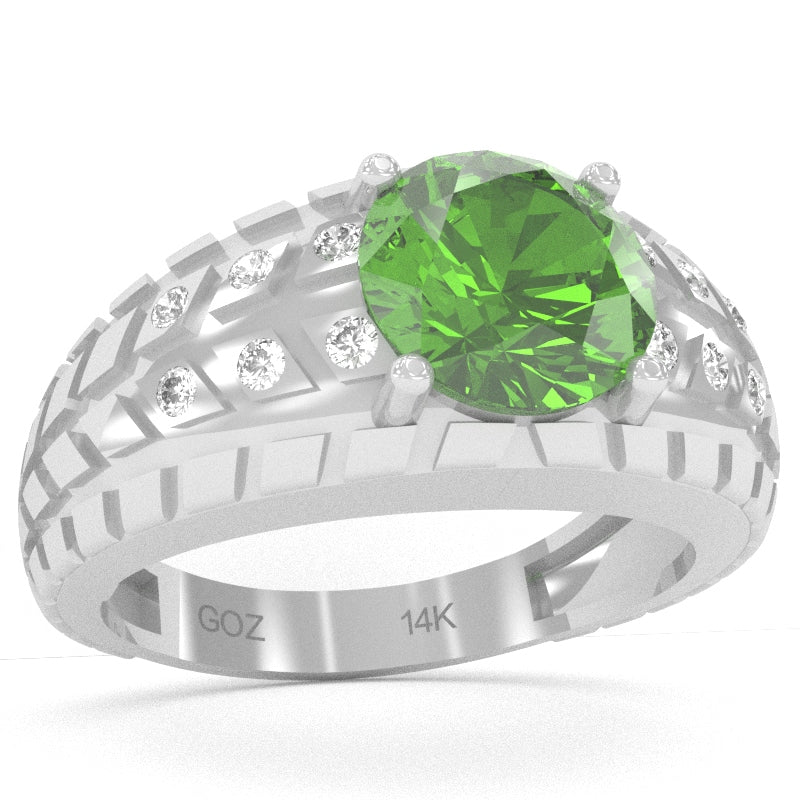 Men's Tire Tread Peridot Diamond Ring In Solid 14k White Gold