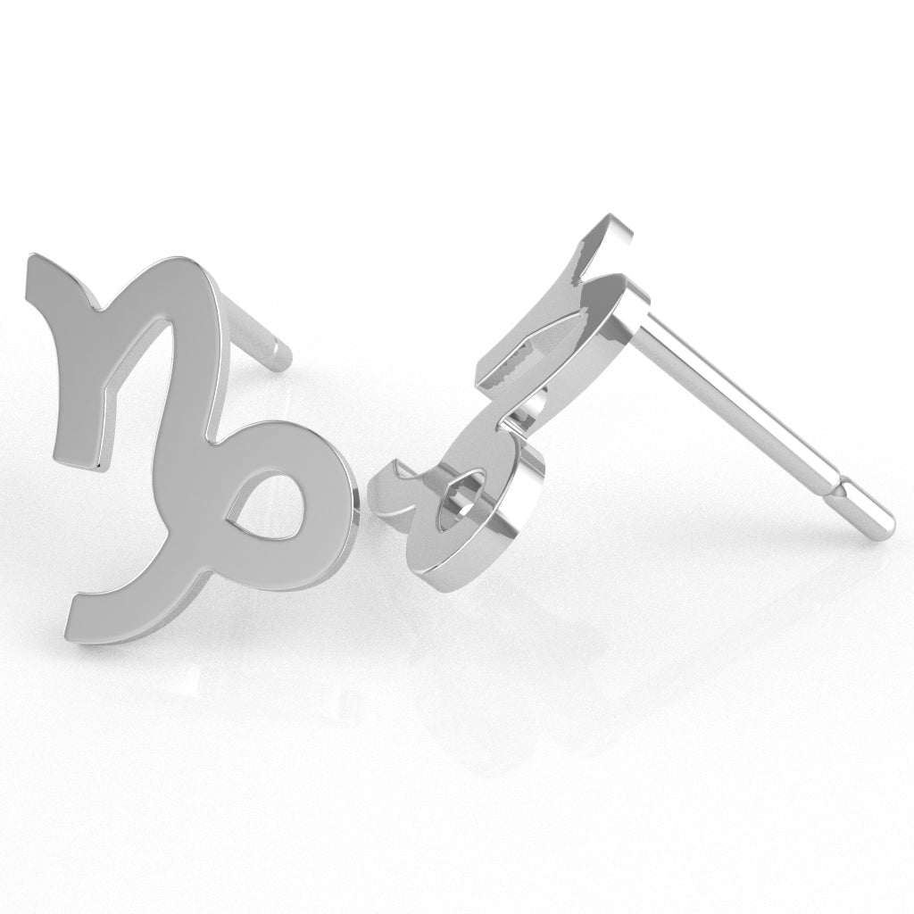 Capricorn Zodiac Sign Stud Earrings In Solid 14K White Gold