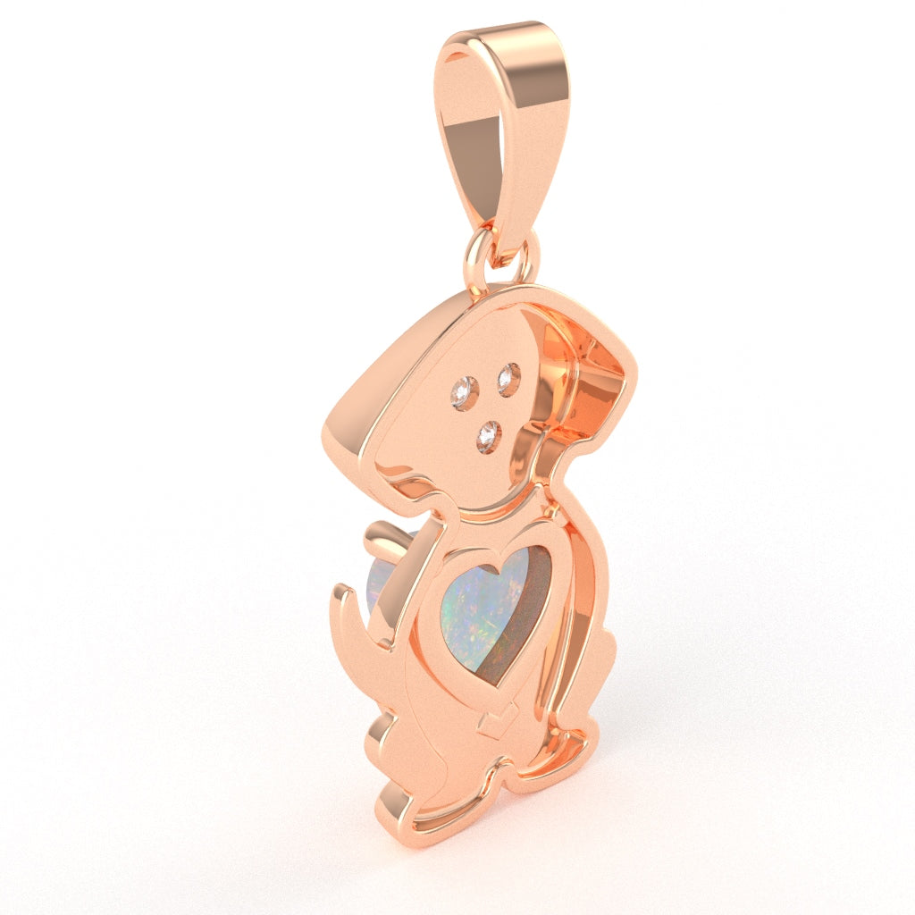 Opal Diamond Puppy Love Heart Pendant In 14k Rose Gold