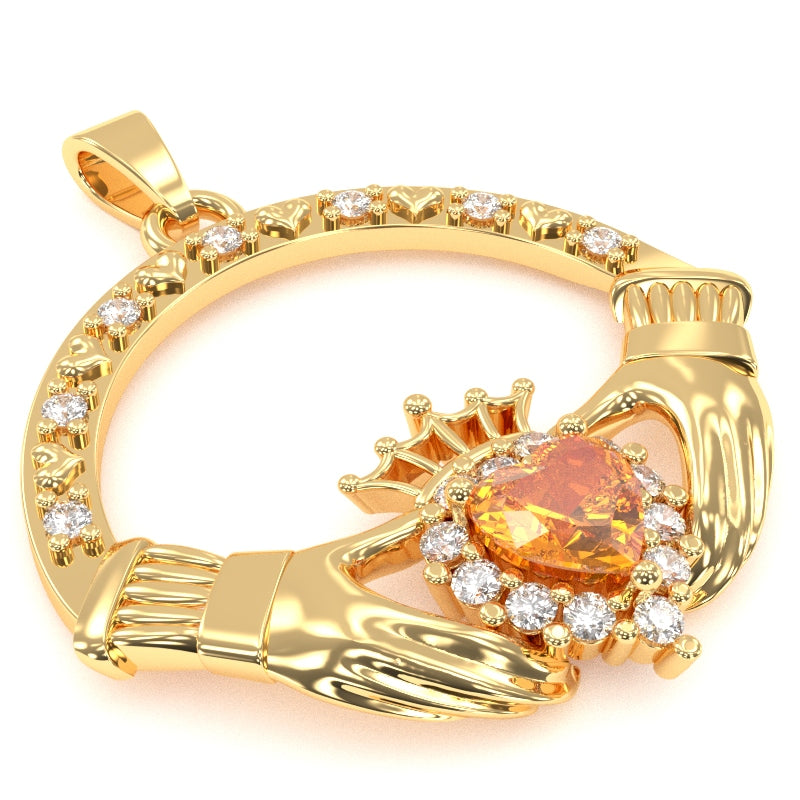 Citrine Diamond Claddagh Pendant in 14k Yellow Gold