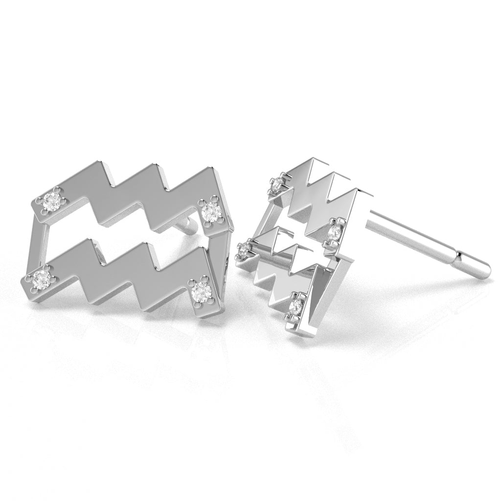 Aquarius Zodiac Sign Diamond Stud Earrings In Solid 14k White Gold