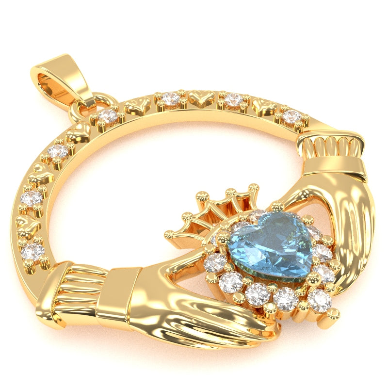 Blue Topaz Diamond Claddagh Pendant in 14k Yellow Gold