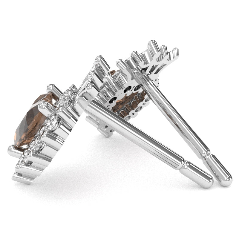 Smoky Quartz Diamond Claddagh Motive Stud Earrings in 14k White Gold