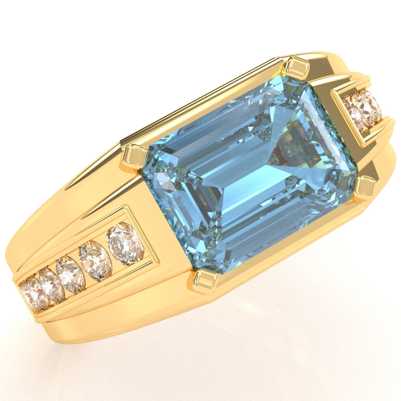 Men's Blue Topaz Diamond Channel Ring In Solid 10k Yellow Gold
