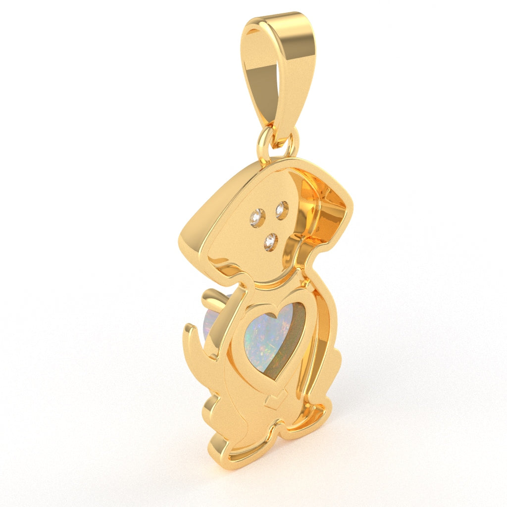 Opal Diamond Puppy Love Heart Pendant In 10k Yellow Gold