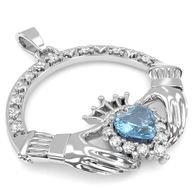 Blue Topaz Diamond Claddagh Pendant in 14k White Gold