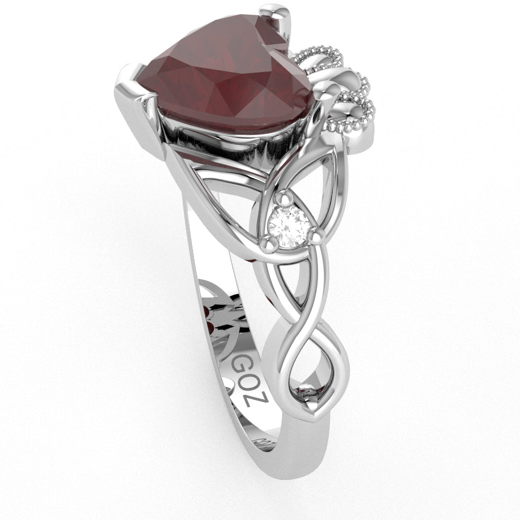 Celtic Trinity Knot Claddagh Heart Ruby Diamond Ring In 10k White Gold