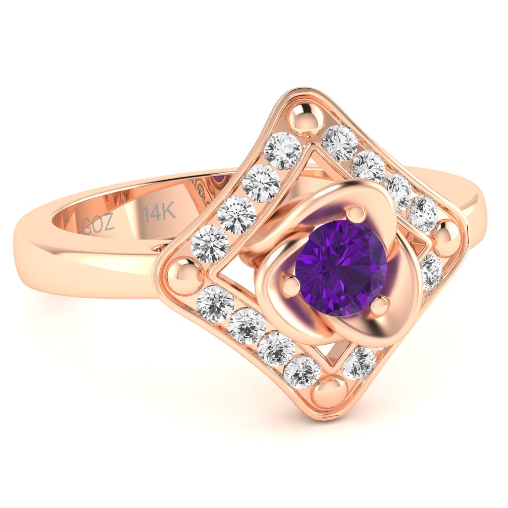Rose Love Amethyst Diamond Ring In 14k Rose Gold