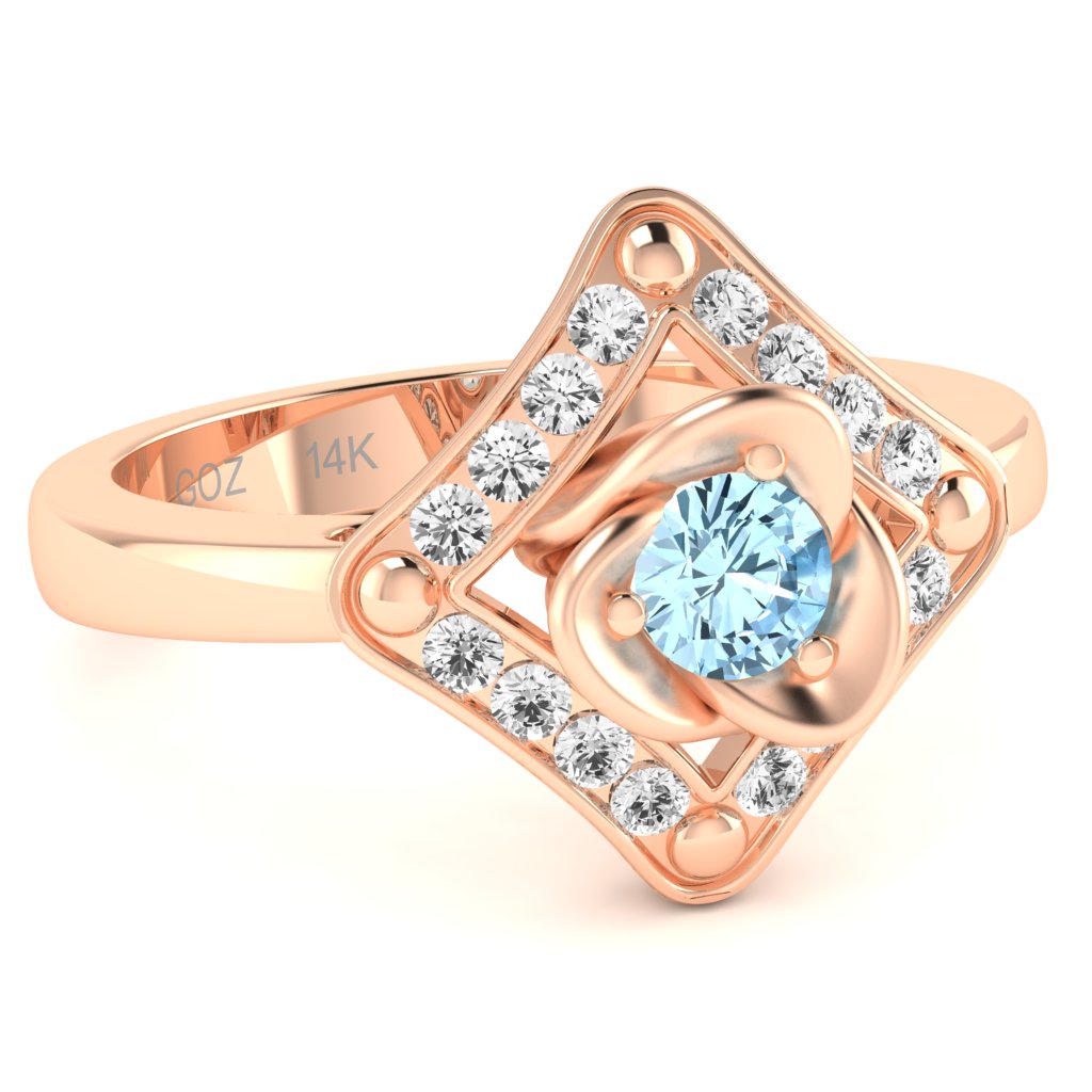 Rose Love Aquamarine Diamond Ring In 14k Rose Gold