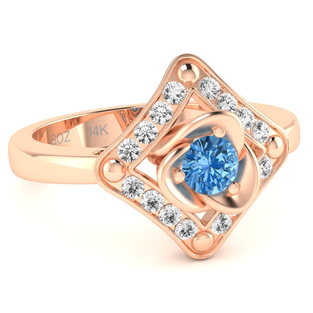 Rose Love Blue Topaz Diamond Ring In 14k Rose Gold