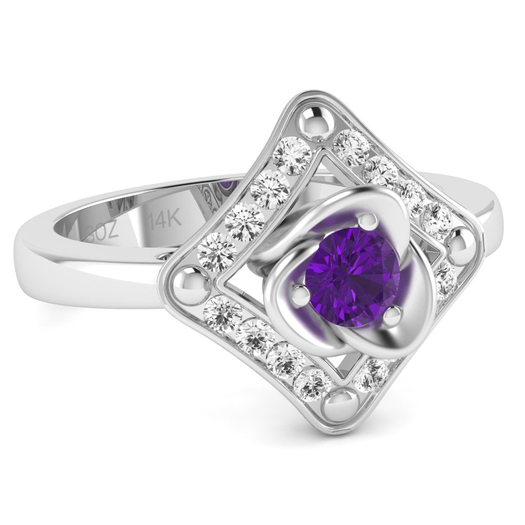 Rose Love Amethyst Diamond Ring In 14k White Gold
