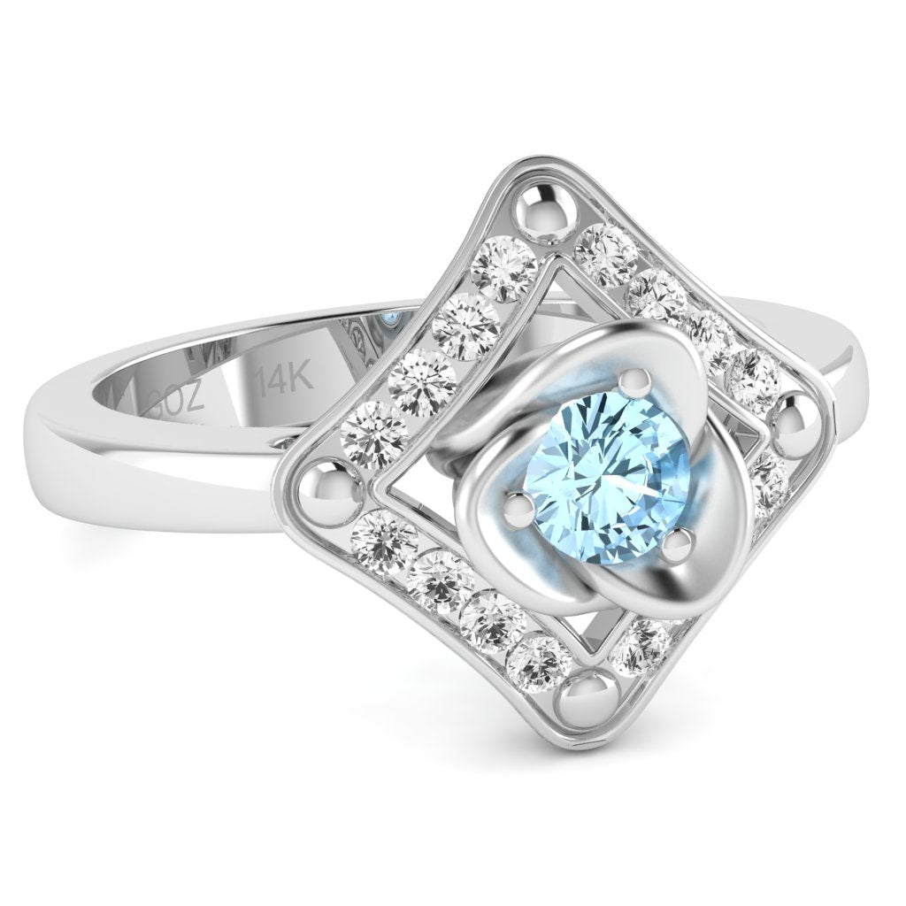 Rose Love Aquamarine Diamond Ring In 14k White Gold
