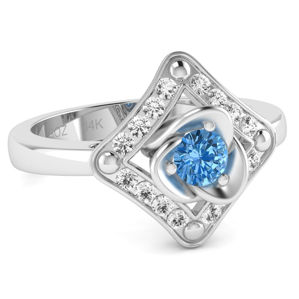 Rose Love Blue Topaz Diamond Ring In 14k White Gold