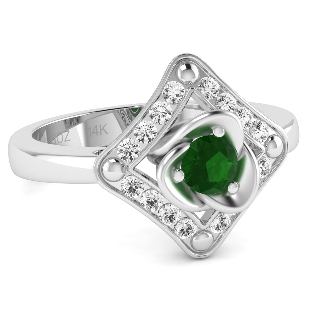 Rose Love Emerald Diamond Ring In 14k White Gold