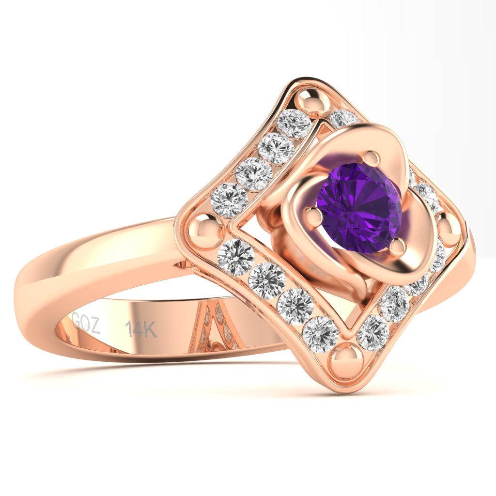 Rose Love Amethyst Diamond Ring In 14k Rose Gold