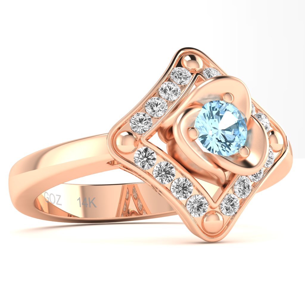 Rose Love Aquamarine Diamond Ring In 14k Rose Gold