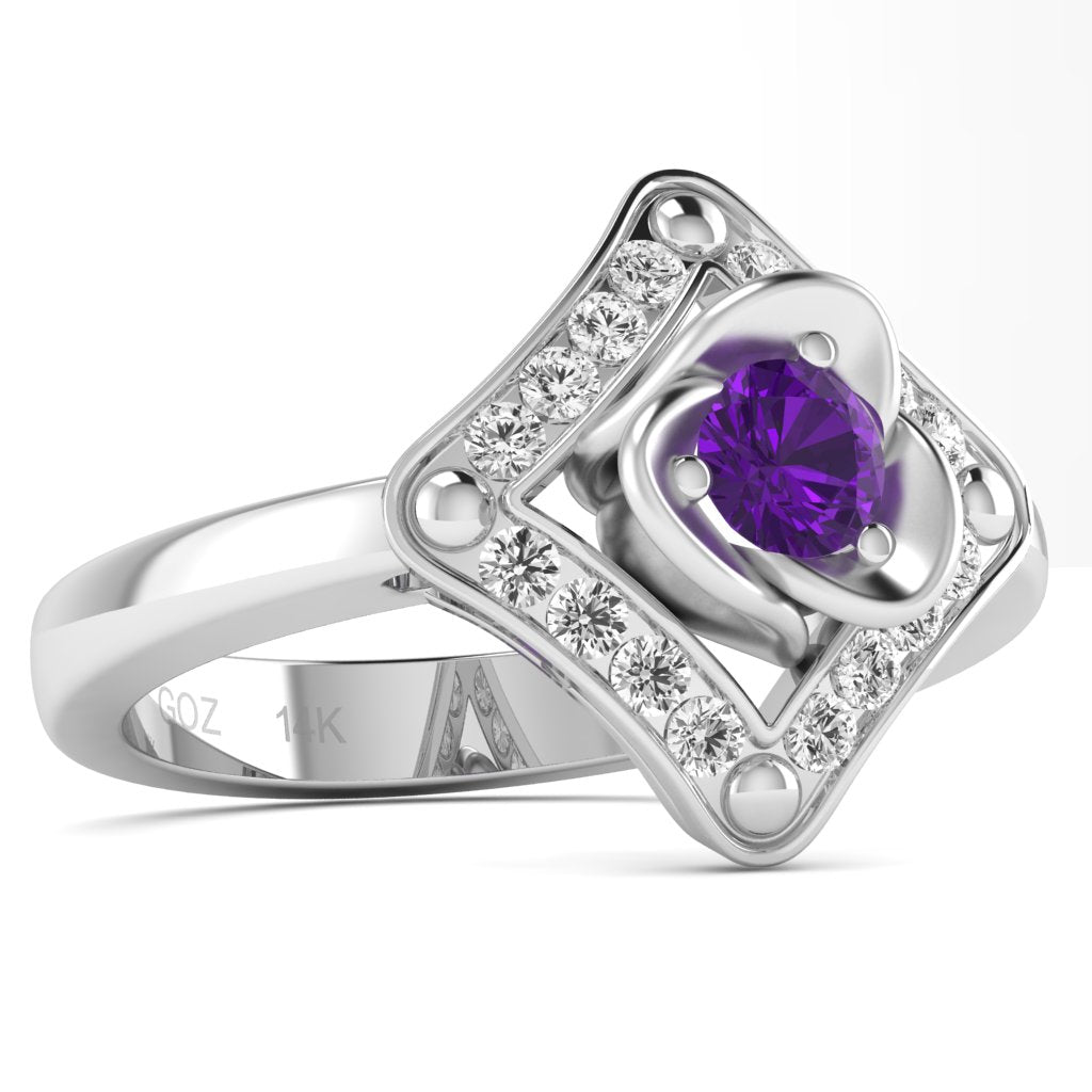 Rose Love Amethyst Diamond Ring In 14k White Gold