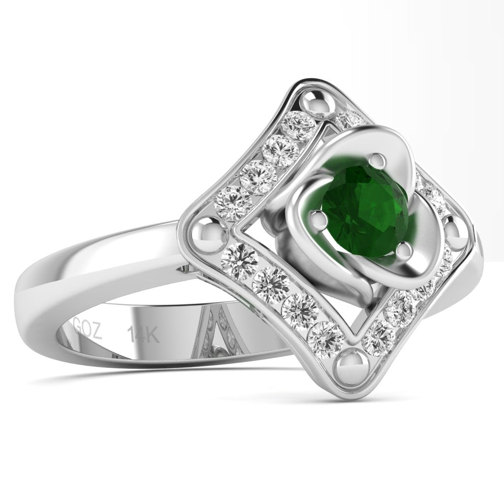 Rose Love Emerald Diamond Ring In 14k White Gold